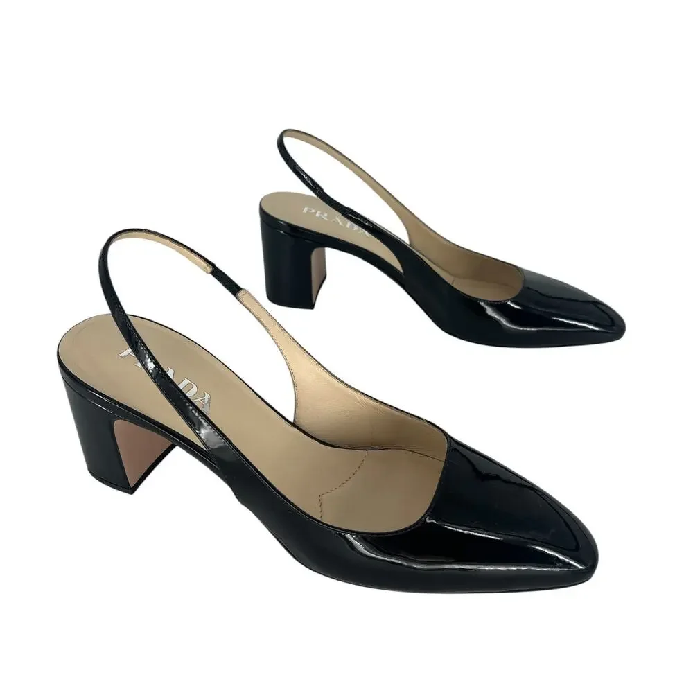 Prada Triangle‎ Logo Patent Leather Slingback Pumps Black 40